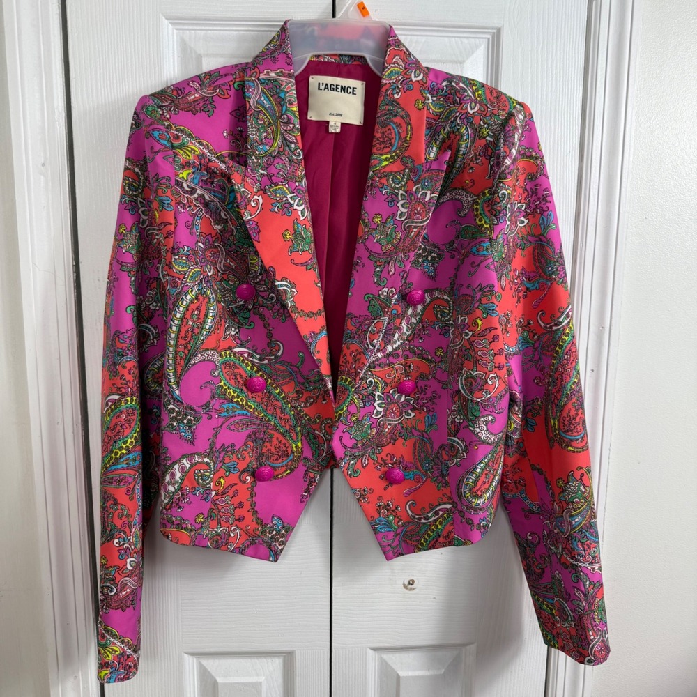 L'AGENCE Lila Boxy Blazer Womens 10 Rhodamine Pop Paisley Pink Cropped Jacket